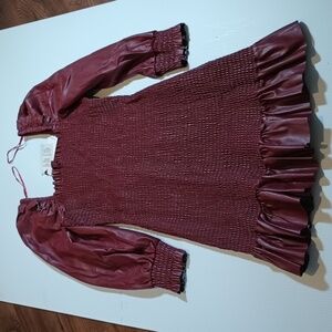 7 For all Mankind Red Faux Leather Fitted Long Sleeve Mini Dress A24